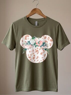 Womens Minnie Mouse Cotton Tee Shirt XL Olive Green Floral Disney